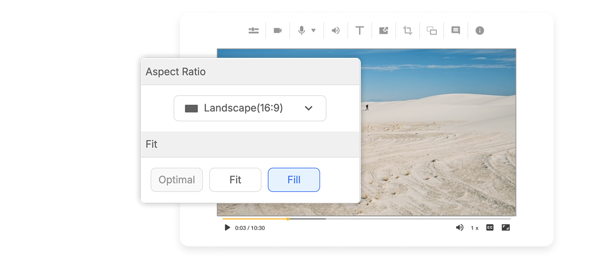 Visla video aspect ratio selector showing landscape format and fit options to resize videos for any screen.